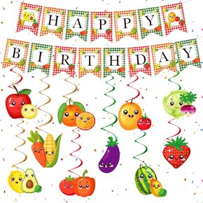 Fruit Vegetable Birthday Party Decorations Dancing Fruit Vegetable Happy Birthday Banner Hanging Swirls for Kids Boys Girls Summer Fruit Hawaii 1st Birthday Baby Shower Party Supplies Decor
