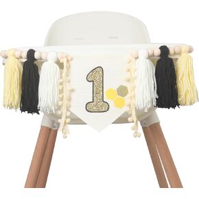 Bee High Chair Lanner لافتة شرابة لمدة عام واحد ， Bee تحت عنوان Bee High Chair Banner لعيد الميلاد الأول ， Bee High Chair Banner مع Gold Glitter ， Honey Bee Boy Girl Decor