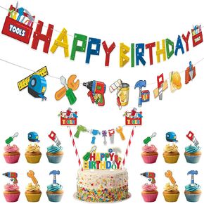 Colorful Tools Themed Birthday Party Decorations- Pre-strung Handy Toolbox Man Birthday Banner,Garland and Bunting Flag Cake Cupcake Toppers Set