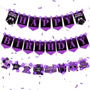 Purple Black Happy Birthday Banner Lighted Purple Sign Happy Birthday Letters Sign Decorations with Lights for Girls Women Birthday Balloon Pattern Hanging Bunting Banner Favors Supplies