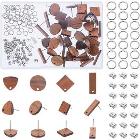 DICOSMETIC 20 Pairs Wood Earrings Posts Stud Earring Findings Wood Earring Studs with Loop Flat Round Rhombus Triangle Rectangle Earring with 50Pcs Ear Nuts Jump Rings for DIY Earring, Hole: 1-1.8mm