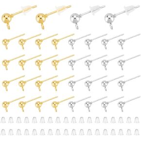 UNICRAFTALE 200Pcs 2 Colors Ball Post Stud Earring Findings Iron & 304 Stainless Steels Ear Stud with Vertical Loops and 200Pcs Plastic Ear Nuts for DIY Jewelry Earring Making