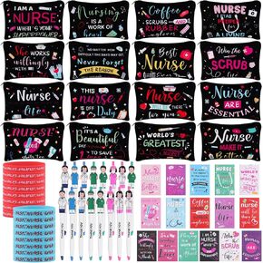 64 Pcs Nurse Appreciation Gifts Set 16 Nurse Makeup Cosmetic Bag 16 Nurses Week Notebooks 16 Doctor Nurse Ballpoint Pens 16 Nurse Rubber Bracelet Thank You Gift for Nursing Assistants Students School