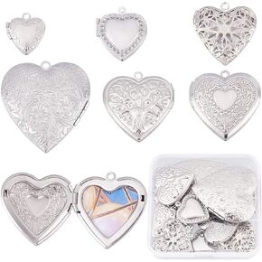 Sunnyclue 1 Box 12pcs 6 Style Stain Steel Frame Frame Frame Charm Diffuser Locket Pendants Silver Heart Locket Photo Frame Pertants for Jewelry Making Darms Bracelet Necklace arring Diy Craft Supplies