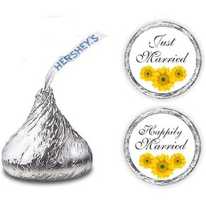 324 Sunflower Just Married Happily Married. Kisses Wedding Stickers, Floral Chocolate Drops Labels Stickers for Weddings, Bridal Shower Engagement Party Decorations. Made in USA