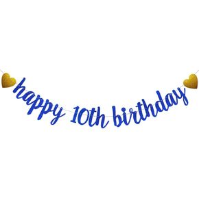 SUNbetterland Blue glitter Happy 10th Birthday Banner, Pre-Strung,Boys Kids 10th Birthday Party Decorations Supplies, Happy 10th Birthday