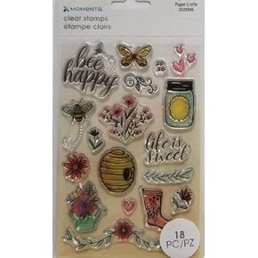 Momenta Bee Happy Sweet Life Clear Stamps مجموعة من 18 زهور جرة Mason