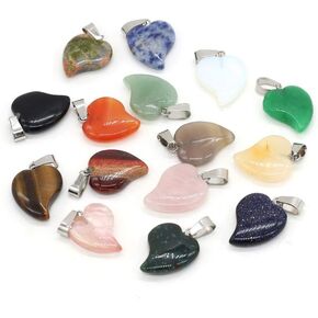 LE SKY 15 Pcs natural stone pendants peach heart shape chakra reiki healing mixed stone crystal agate charms for jewelry making necklace bracelet