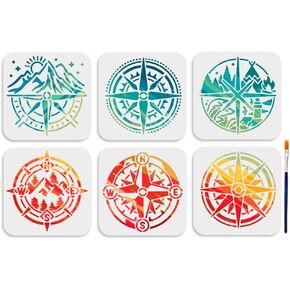 Mayjoydiy 6pcs Compass Stencils 6 × 6inch قالب Candher Cashery مع فرشاة الجبال جبل غابات البحر رسم موجة على القماش الفني الصخور