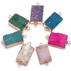 Natural Druzy Agate Rectangle Pendants Connectors Gemstones Links Charms with Brax Pitch Bails for Jewelry Making 5 Pcs