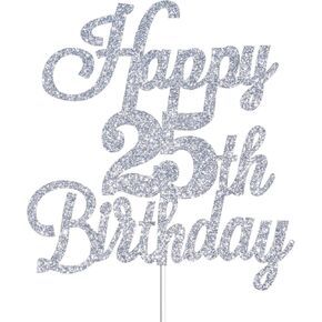 Happy 25th Birthday Cake Toppers Silver Glitter, Cheers to 25 Years Old Bday Decoration 25th Anniversary Cake Topper, Twenty-five Theme Cake Decorations for Birthday Anniversary Party