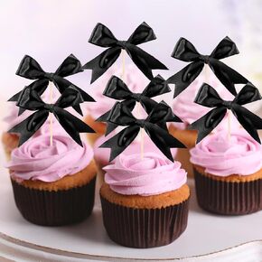24 PCS Black Bow Cupcake Toppers, Black Ribbon Bow Cake Topper Black Bow Coquette Birthday Party Decorations Supplies for Bridal Shower Bachelorette