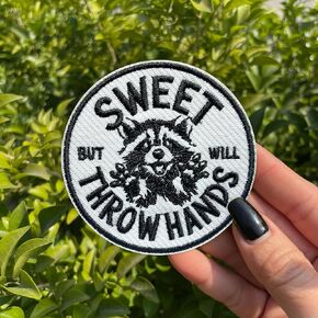 Sweet But Will Throw Hands Patch 3 Inches Funny Raccoon Sarcasm Animal Lover Iron On/Sew On Embroidery Fabric Applique Patches for Trucker Hats Clothes Backpack DIY Accessories Friends Mom Gifts