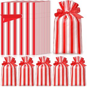 50 Pcs Carnival Goodie Bags Circus Plastic Cellophane Bags Red White Stripe Snacks Drawstring Bag Carnival Popcorn Storage for Circus Carnival Showman Party Favor