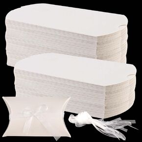 Seunmuk 150 Pack 5.1 × 3.5 بوصة صناديق وسادة ، صناديق هدايا كرافت الورقية مع الشريط ، وسادة بيضاء حلوى هدايا مربع الحفل حفل زفاف للذكرى ، عيد ميلاد ، دش ، هالوين