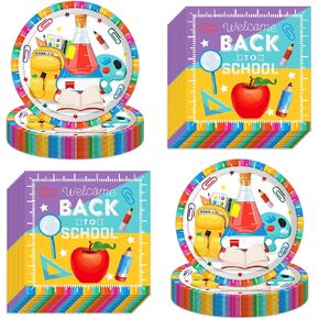 Back to School Party Plates and Napkins for 24 Guests 64 Pcs Back to School Party Supplies Disposable Tableware Set Schoolbag Plates and Napkins for Back to School Theme Party Supplies
