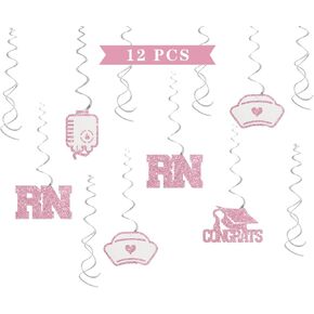 Nurse RN Graduation Hanging Swirl Decorations - Glitter 13 Pcs Nursing School Party Supplies - Medical Staff Streamers - Medical Nursing School Graduation Foil Swirls Ceiling Decorations Pink
