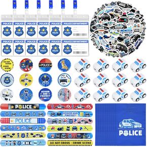 110pcs حفلة شرطة الحفلات للأطفال - زخارف حفلة عيد ميلاد الشرطة مع سيارات الألعاب ، أساور صفعة ، ملصقات ، شارات ، بطاقات الهوية وأكياس الهدايا ، حشو حقيبة الصبي