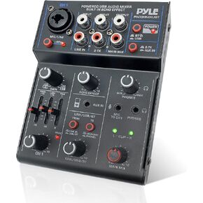 جهاز مزج الصوت اللاسلكي DJ من Pyle - جهاز مزج الصوت بوحدة تحكم بلوتوث 4 قنوات، واجهة صوت USB، 2 مقبس كومبو XLR+6.35 مم ميكروفون/خط/جيتار، 3.5 مم، RCA AUX، مقبس سماعة الرأس - PAD43MXUBT