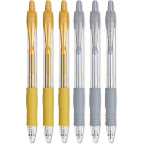 Pilot G2 Metallics قابلة لإعادة التعبئة وقابلة للسحب ، أقلام هلام الكرة المتداول ، نقطة غرامة 0.7 ملم ، أحبار الذهب/الفضة ، 6 أقلام