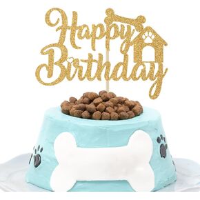 Dog Happy Birthday Cake Topper, Let's Pawty, Puppy Cake Decor, Pet Dogs Birthday Party Decorations Supplies Gold Glitter
