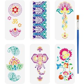 FINGERINSPIRE 6 Pcs Indian Pattern Stencil with a Paint Brush 11.8x5.9inch India God Stencil Indian Floral Painting Stencil Indian Flower Theme Drawing Stencil for Wall Tiles Floor Paper Furniture