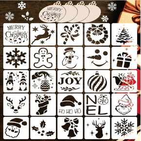 25 Pcs 3 x 3 Inch Christmas Stencils with 4 Wood Slices -for Painting on Wood, Reusable Merry Christmas Holiday Stencils for Crafts, Cards, Windows DIY Ornaments Christmas Tree
