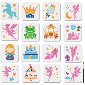 Mayjoydiy 16pcs Magic Fairy Stencil Set Princess Painting Stencils 5.9 × 5.9 بوصة قابلة لإعادة الاستخدام القابلة لإعادة الاستخدام القابلة لإعادة الاستخدام القابلة لإعادة الاستخدام القابلة لإعادة الاستخدام