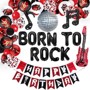 Rock And Roll Party Decorations - Black Red Guitar Music Birthday Banner, Born To Rock Disco Balloon Arch Garland