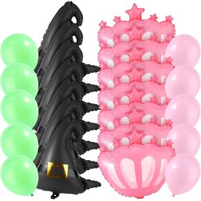 24pcs زخارف الحفلات الساحرة ، رقائق الألومنيوم 7pcs قبعة الساحرة السوداء و 7pcs البالونات الأميرة الوردي مع البالونات المستديرة