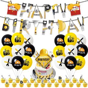 44 Pcs Tools Birthday Party Supplies Includes Happy Birthday Banner, Cake Topper, Cupcake Topper, Balloons, Toolbox Theme Party Decorations for Boys Teens Adults