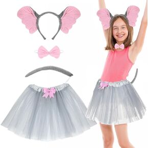 Grey Elephant Costume Set for Girls: Elephant Ears Headband Bow Tie Tail Tutu for Animal Fancy Costume Kit Halloween Cosplay Party