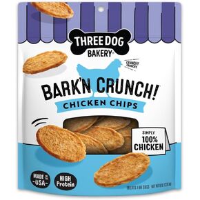 Three Dog Bakery Bark’n Crunch! رقائق الدجاج ، وعلاج مقرمش للكلاب ، ومكون واحد ، ووجبات خفيفة عالية البروتين ، لا توجد نكهات أو ألوان اصطناعية ، مصنوعة في الولايات المتحدة ، 8 أوقية