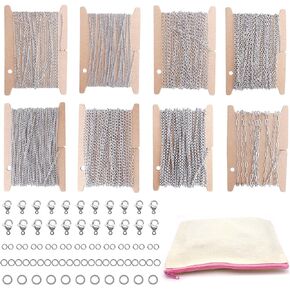 THREENEST 120-Feet 8 Style Stainless Steel Jewelry Chain Big Kit, with 40 Lobster Clasps+250 Jump Rings, Cable Curb Extender Paperclip Chain for Necklace Bracelet DIY Craft Jewelry Making