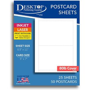 80lb White 5" x 7" Postcards - 25 Sheets / 50 Postcards