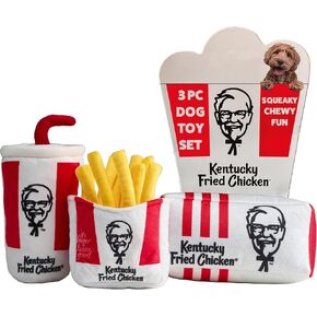 وجبة صندوق دجاج KFC-مجموعة ألعاب للكلاب المكونة من 3 قطع-صندوق دجاج ، فرنسي ، فرنسي-متعة من الأطعمة ذات الطابع المذهل والألعاب الفخمة التفاعلية الصاخبة للكلاب المتوسطة والمضغات المعتدلة