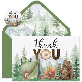 Whaline 24 Pack Camping Thank You Cards Bulk Tree Bear Tent Campfire Note Cards with Envelopes Stickers Watercolor Forest Greeting Blank Cards for Baby Shower Birthday