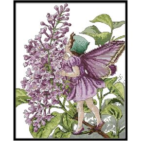 Rosyfoxes Cross Stitch Kits Stamped Full Range of Embroidery Starter Kits for Beginners DIY - Printed kit Lilac Fairy (Printed) 11CT 15.4×18.1 inches