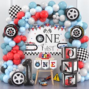 134 Race Car Fast One Birthday Decorations for Boys 1st Racing Balloon Garland Arch Kit Backdrop Box Crown Highchair Banner Wheels Racecar 1 Year Old First Birthday Decorations for Boy