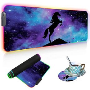RGB Gaming Mouse Pad with Coffee Coaster, Blue Galaxy Nebula Horse Design XXL Large Glowing LED Mousepad, Anti-Slip Rubber Base, Computer Keyboard Desk Mouse Mat 31.5 X 11.8 Inch in Saudi Arabia