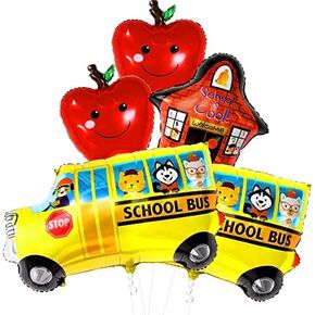 Katchon ، Big Back to School Balloons Set - Pack of 5 | العودة إلى ديكورات المدرسة للفصول الدراسية | البالون المدرسي وبالون الحافلة المدرسي والبالونات التفاح الأحمر المحدد لليوم الأول من الزخارف المدرسية
