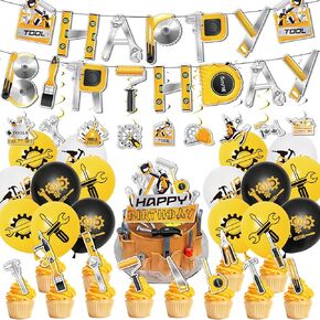 39Pcs Tools Party Decorations Tools Birthday Party Supplies Includes Happy Birthday Banner-Balloons-CupcakeToppers and Cake Topper-Hanging Swirls for Tools Themed Party