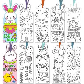 100Pcs Color Your Own Easter Bookmarks, Funny Bunny Peeps Bookmarks Tags for Easter Day Party Favor Gifts Student Classroom DIY Craft Supplies