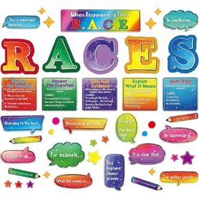 46 Pcs Races Reading Strategies Posters Classroom Decoration Colorful Writing Process Bulletin Board Alphabet Cutout and Pencils with Sentence Beginning for Wall Decor Back to School Supplies