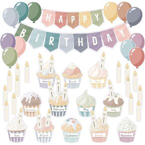 52 Pcs Happy Birthday Bulletin Board Set for Classroom Colorful Birthday Bulletin Board Decoration Cakes Calendar Balloons Candles Cutouts for Student School Wall Decor Back to School Supplies