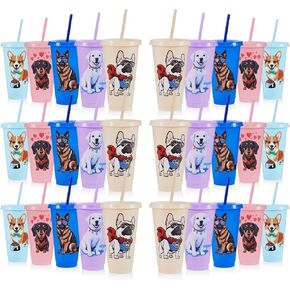 15 PCS Dog Party Favors مع الأغطية والقش ، و 24 أوقية من أكواب المشروبات البلاستيكية قابلة لإعادة الاستخدام الكلب اللطيف الكلب اللبهلانيين للجرو موضوعات حفلات حفلة عيد ميلاد حفلة عيد ميلاد
