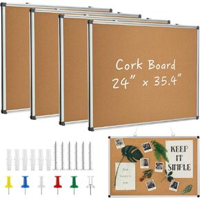 Geosar 4 Packs Cork Bulletin Board for Walls 24 x 35.4 Inch, Classroom Bulletin Corkboard with Aluminium Frame Hanging Pin Notice Board for Home Office Display Decor