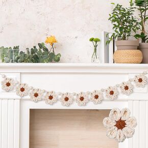 Retro Daisy Garland Banner Room Decor Handwoven Hemp Rope with Wood Beads 8.2ft Boho Flower Garland Party Decor for Spring Birthday Baby Shower Wedding Party Decoration