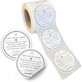Hot Cocoa Bomb Stickers 250 per Roll 2" Chocolate Instructions DIYers Bulk Packaging Spoons Labels Tags Minimalist Black and White