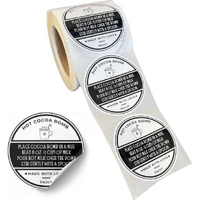 Hot Cocoa Bomb Stickers 250 per Roll 2" Chocolate Instructions DIYers Bulk Packaging Spoons Labels Tags Minimalist Black Bar and White